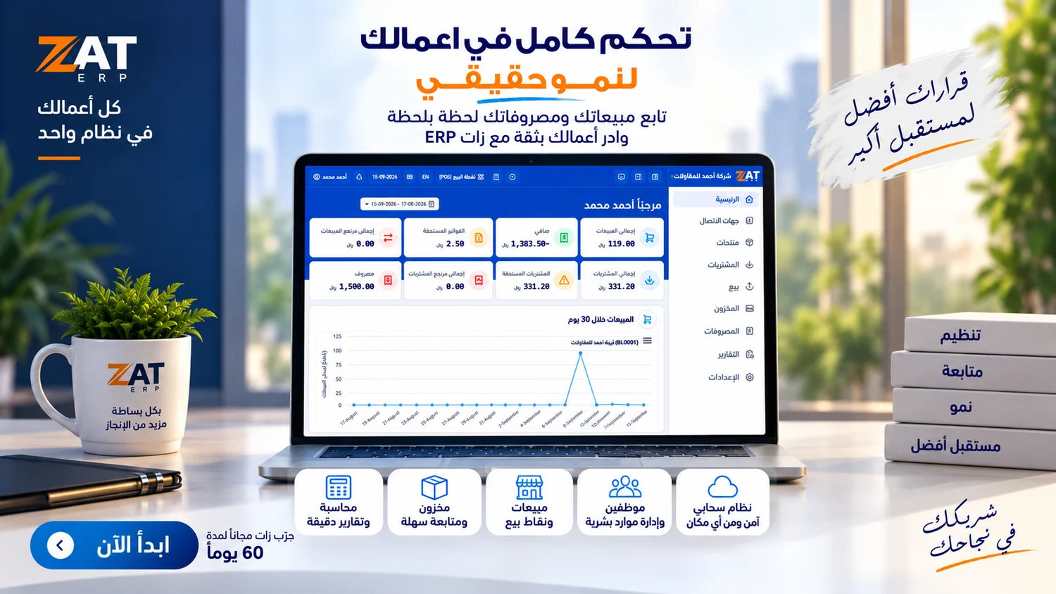 تصميم إعلاني لزات يعرض لوحة التحكم والمزايا